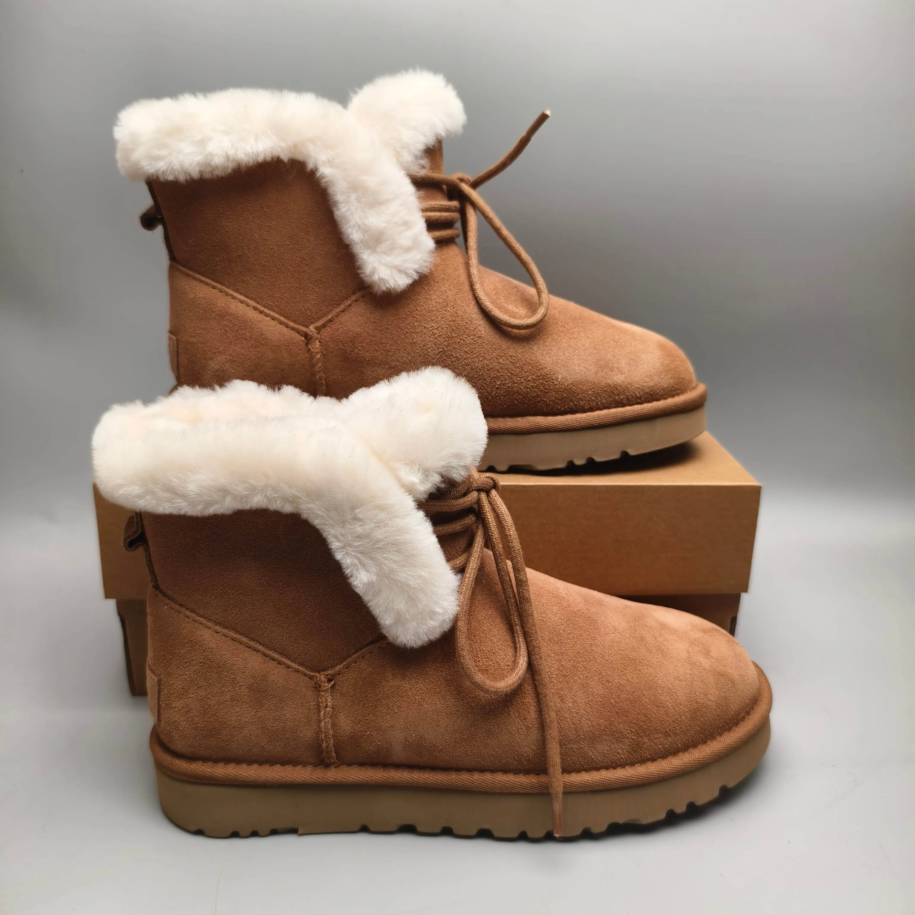 💰520 UGG sheepskin all-in-one snow boots 4576 mid-calf lace-up casual women's shoes Color: Gray Maroon Black Matching Size: 35-40